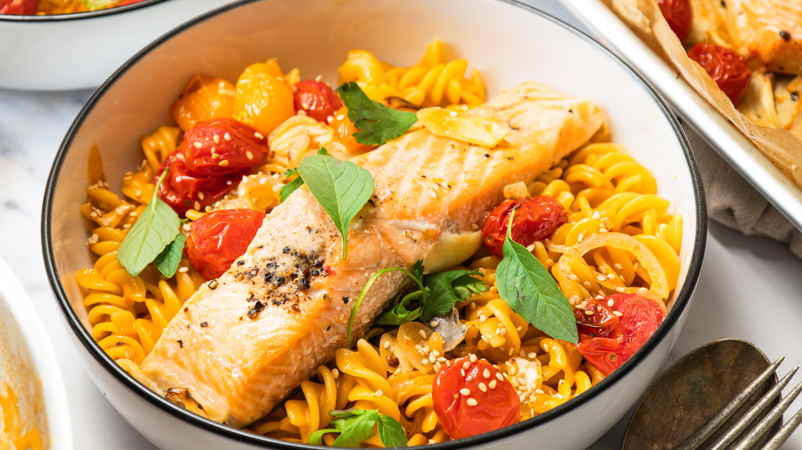 Thai Curry Pasta With Blistered Tomatoes And Salmon Recipe
